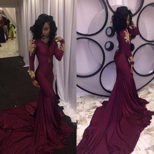 African Burgundy Mermaid Prom Dresses 2020 Gala Jurken High Neck Long Sleeve Imported Party Dress Special Occasion Formal Gowns