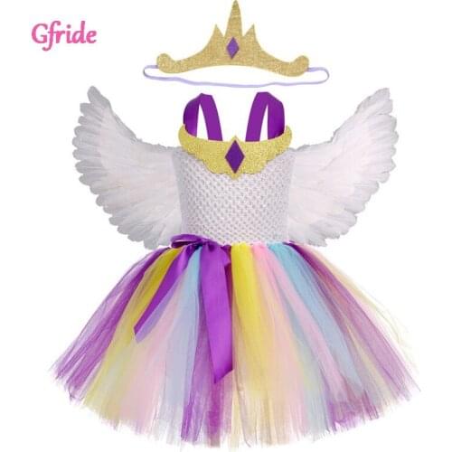 Baby Girls Princess Unicorn Tutu Dress With Headband Wings For Kids Pony Costume Children Dress Up Theme Party Dress Vestido
