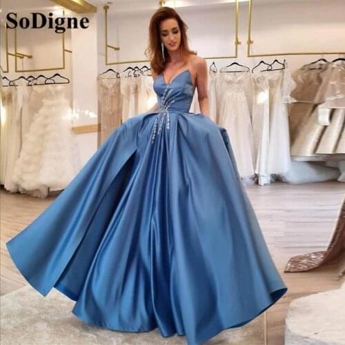 SoDigne Blue Satin Princess Prom Dresses 2021 A-Line Pocket Sweetheart Elegant Sexy Party Gowns Split Front Long Formal Gown
