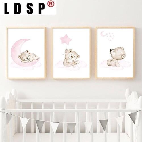 LDSP Modern Kid Baby Bedroom Home Decor Nordic Pink Moon Star Cloud Bear Child Canvas Painting Wall Art Print Poster Picture