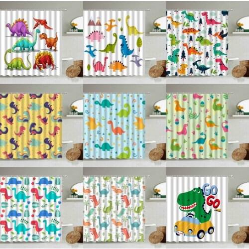 Cute Fun Dinosaur Shower Curtain Cartoon Color Animal Plant Leaf Child Bathroom Accessories With Hook Waterproof Screen Washable
