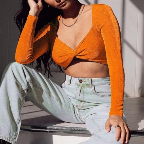 3 Color Women Long Sleeve Slim Fit Twist Front T-Shirts Sexy V-Neck Solid Color High Waist Crop Tops For Spring And Autumn