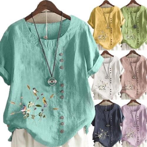 Womens Summer New Fashion Casual Linen Shirt Round Neck Printing T-shirt Short Sleeve Tops Loose Blouse S-5XL