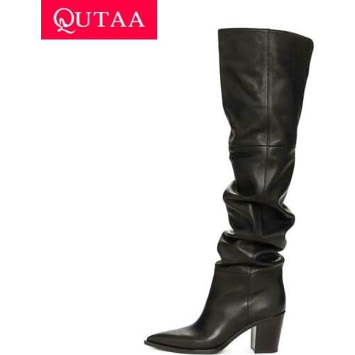 QUTAA 2021 Over The Knee Women Boots Winter Pleated Women Shoes Cow Leather PU Long Boots Pointed Toe Square Heels Big Size34-43