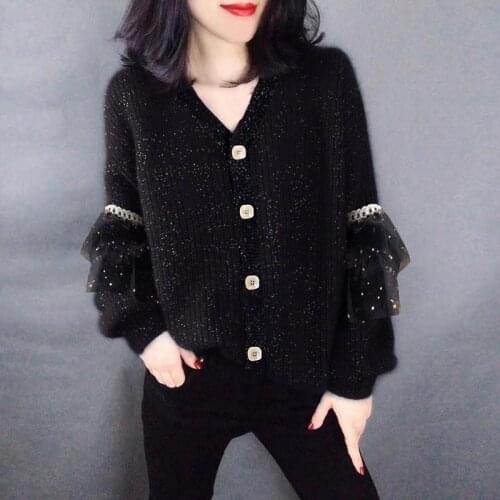 Women 2021 Autumn Winter New Mesh Solid Color Cardigan Jackets Female V-neck Sweater Coats Ladies Loose Knitted Outerwear T405