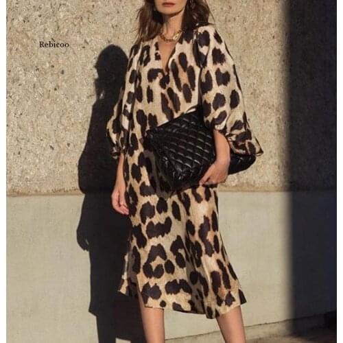 Autumn New Sexy Leopard Print V Neck Long Dresses Casual Fashion Women Lantern Long Sleeves Dresses Loose Elegant Party Dresses