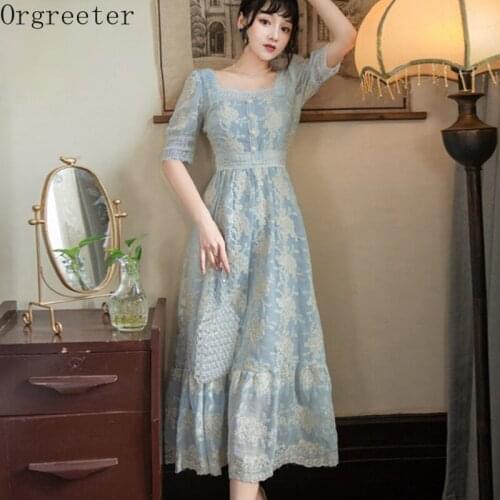 Retro Gold Embroidery Lace Dress Ladies Temperament Square collar Long Lantern Sleeve Chiffon Patchwork Long Lace Dress