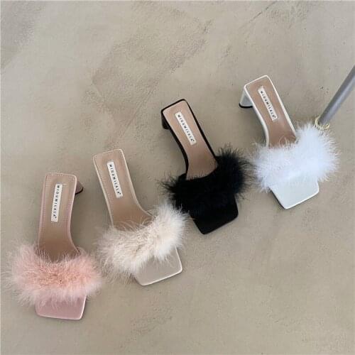 2021 Design Furry Slides for Women Fur Slides Casual High Heels Women Flip Flops Fluffy Slippers Furry Slippers Slip On
