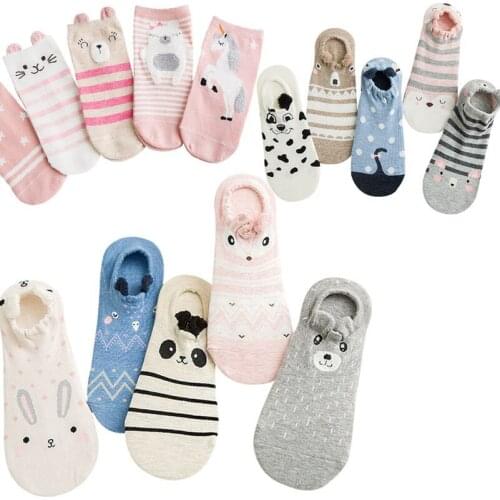2020 Women Socks 5 Pairs Spring Short Cotton Striped Animals Novelty Creative Women Fashion Novelty Cartoon Funny Art Socks Lady