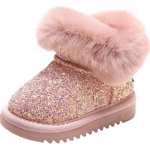 Brand Baby Girls Boys Snow Boots,Bling Sequied Thick Plush Warm Toddler Winter Ankle Boot With Fur,Pink Black Twinkle Kids Shoes