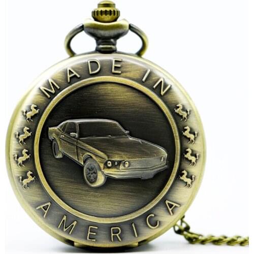 Bronze Mustang Car Pattern Quartz Pocket Watch with Key Chain Male Female Clock Gifts For Man