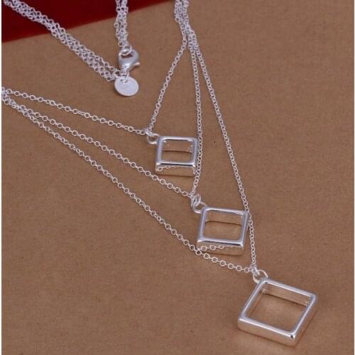 Hot Sale!!Free Shipping 925 Silver Necklace,Fashion Sterling Silver Jewelry Three-wire three squares Necklace SMTN136