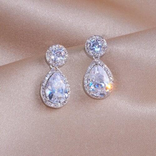 Classic Sliver Color Water Drop Shaped Cubic Zirconia Crystal Earrings For Women Romantic Wedding Jewelry For Brides Bridesmaid