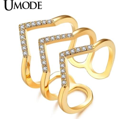 UMODE Micro CZ Zirconia Three V Shape Ring for Women Gold Color Fashion Pave Luxury Jewelry New Anillos Mujer Moda Gift AUR0360A
