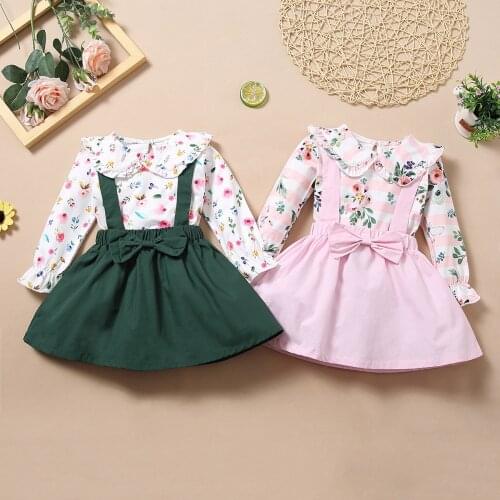 Girls skirt suit 2021 autumn and winter season fashion long-sleeved printed T-shirt top + suspender skirt girl suit girl clothes