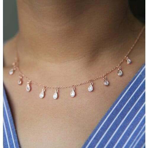 925 sterling silver jewelry elegant chocker charm tear drop cubic zirconia tassel charm luxury bridal gift silver necklace