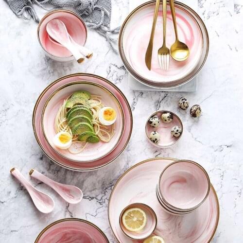 Pink Luxury Ceramic Tray Gold Plated Edge Western Food Steak Plate Fruit Food Bowl Dish Nordic Home Tableware Bowl 10 8 Inch