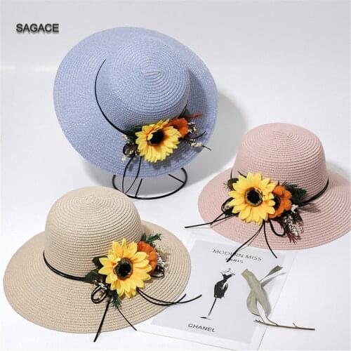 SAGACE Parent-child Summer Sun Hat Womens Bucket cap beige lace Bowknot Flowers Ribbon Flat top Straw Hat Beach Caps Panama A311