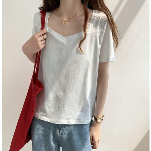 LJSXLS New Solid Casual Short Sleeve Womens T-shirt Cotton Square Collar Tshirt Female Summer Top Korean Fashion Women Clothing