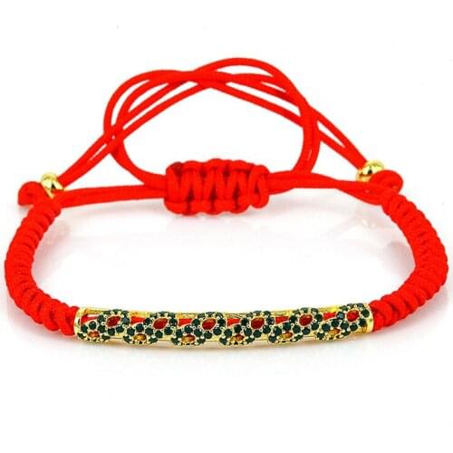 Women Bracelet 24K Rose Beads Micro Pave Black CZ Beads Red String Macrame Bracelet with Charm Pulseira Feminina