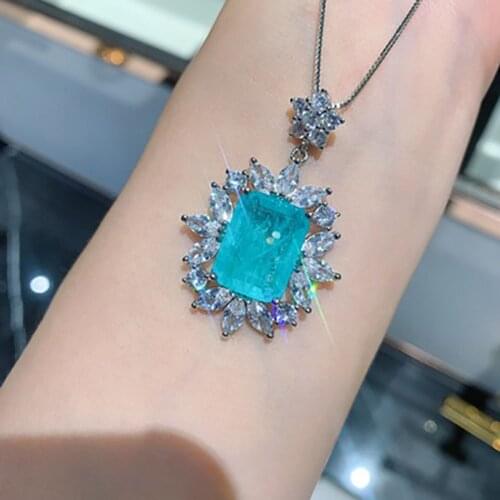 KNRIQUEN 100% Solid Silver Paraiba Tourmaline Moissanite Gemstone Pendant Necklace Wedding Engagement Fine Jewelry for Women