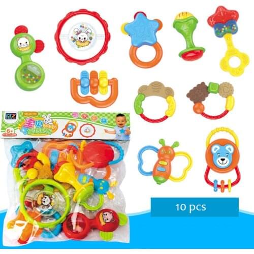 12Pcs Baby Teether Rattle Toys Cartoon Animals Chew Soothe Pacifier Puzzle Dumbbell Toy Infant Early Educational Toy