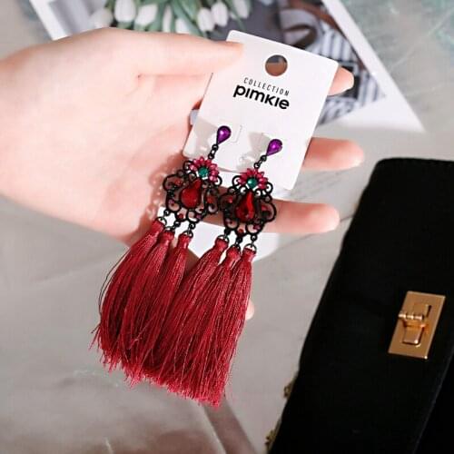2021 Vintage Womens Red Tassel Fringed Long Earrings Summer Ethnic Crystal Dangle Earrings Fashion Jewelry