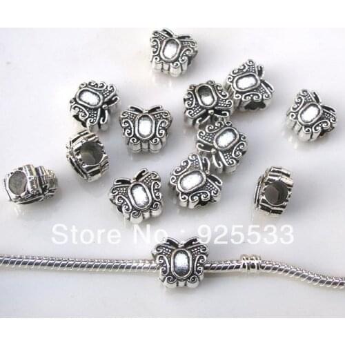 Free shipping 50pcs/lot 10x10mm big hole antique butterfly metal beads fit European bracelet jewelry DIY