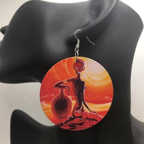 Free Shipping!Printing African woman Round Wooden earrings