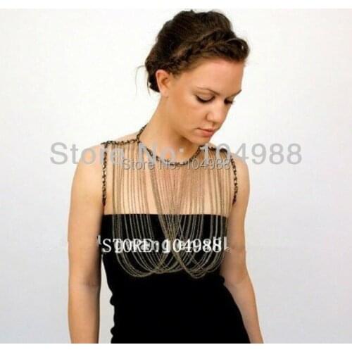 FREE SHIPPING New Style B89 WOMEN FASHION MULTI-LAYERS GOLD COLOUR GRAY PLATED CHAIN DOUBLE SHOULERS CHAINS JEWELRY Body Chains