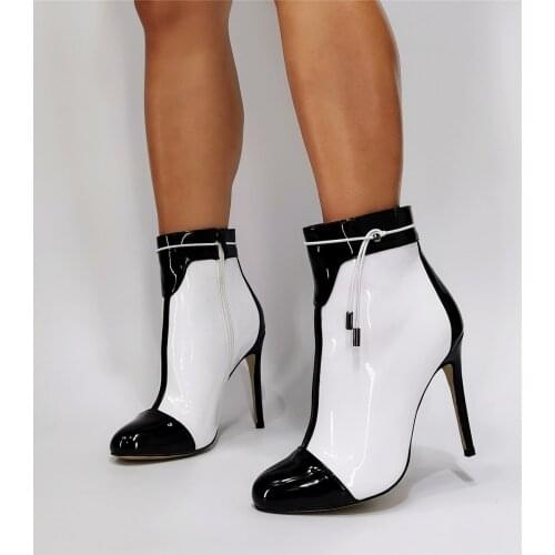 Fashion Black and White Patent Leather Ankle Boots Thin High Heels Ankle Bandage Patchwork Mixed Colors Short Boots