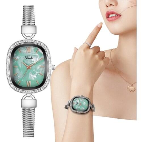 Womens Fashion Luxury Watches Qualities Green Ladies Quartz Wristwatches Simple Rectangle Woman Stainless steel mesh belt Clock