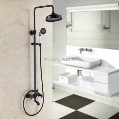 8" Rainfall Shower Black Color Solid Brass High Quality Dual Handle Bathroom Wall Shower Set with Swivel Faucet ZR60