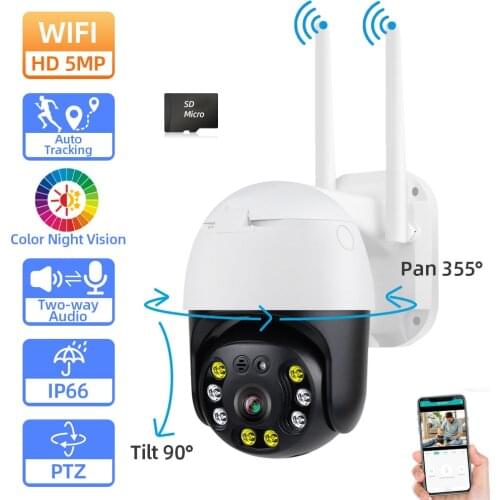 5MP Wifi PTZ IP Security Camera Outdoor Waterproof Auto Tracking Color Night Vision CCTV Video Surveillance Camera Wireless 2MP