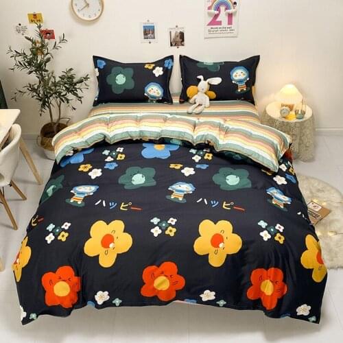 Kids Teens Black Flowers Bedding Set Soft Black Geometry Pattern Duvet Cover Set Microfiber 4Pcs Flat Sheet and Pillowcases
