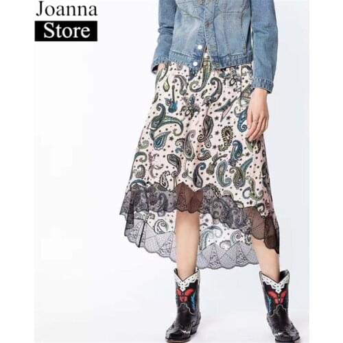 Summer New Printing Long High Waist Skirt Women Irregular Lace Stitching Vintage Skirts Pockets Elastic Waist Plus Size Clothes