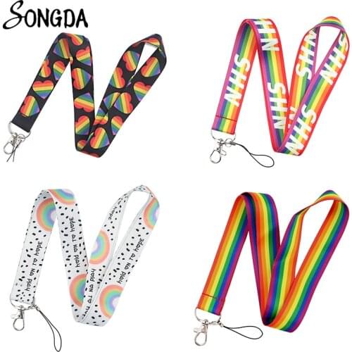 LGBT Rainbow Heart Webbing Lanyard Neck Straps For Phone Charms Gay Pride Keychains Holder Key ID Card Badge Keycord Accessories