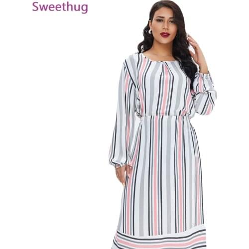Mayata 2021 Women Grey Striped Dress Ramadan Eid Mubarak Abaya Turkey Islam Clothing Plus Size O Neck Lantern Dress