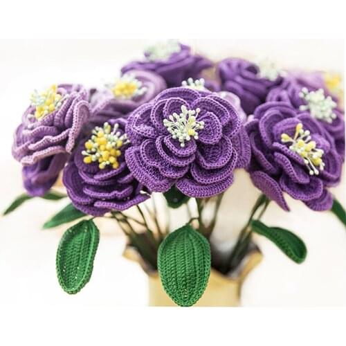 Handmade DIY Flowers Bunch Knitting Sunflower Lily Rose Chery Eustoma Carnation Artificial Crochet Flower Home Eecor