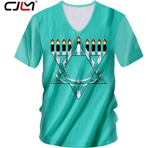 CJLM Man New Black White Stitching 3D Printed Candle And Hexagonal Star Hanukkah Mens Clothing Chinese Style V Neck Tshirt