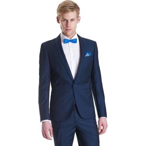 New Arrival Groomsmen Shawl Lapel Groom Tuxedos Navy Blue Men Suits Wedding Best Man (Jacket+Pants+Tie+Hankerchief) B881