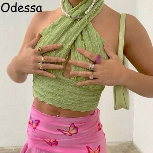 Odessa Green Sleeveless Sexy Cross Halter Crop Top Women 2021 Y2K Fashion Backless Hollow Out V Neck Ruched Tank Top Wrap Summer