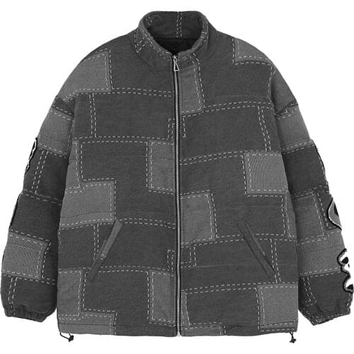 Hip Hop Parka Jackets Men Streetwear Plaid Printed Patch Decoration Block Padded Jacket 2020 Winter Harajuku Cotton Outwear Coat