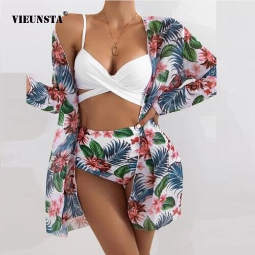Sexy Straps Bra + Cardigan Tops Bathing Biquini Women Summer Fashion 3 Piece Set Bikini Swimsuit Casual Printed Bikinis Swimwear