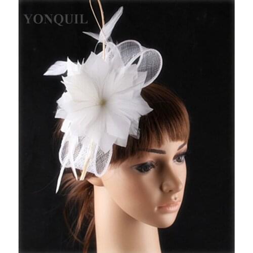 Sinamay Feather Flower White Headwear Women Fascinator Bride Elegant Wedding Headdress for Ladies Hair Accessory Headband