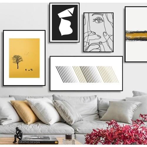 Modern Abstract Hand Line Drawing Woman Yellow Black White Art Canvas Posters Prints Wall Pictures For Living Room Home Decor