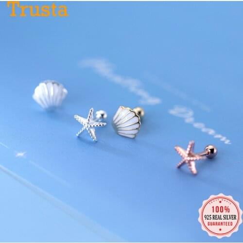 TrustDavis Real 925 Sterling Silver Sweet Asymmetric Starfish Shells Screw Stud Earring For Women Daughter Fine Jewelry DA2157