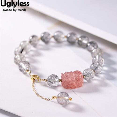 Uglyless Pretty Grey Crystals Bracelets for Women Strawberry Quartz Brave Troops Beading Bracelets 925 Silver Girls Summer Dress