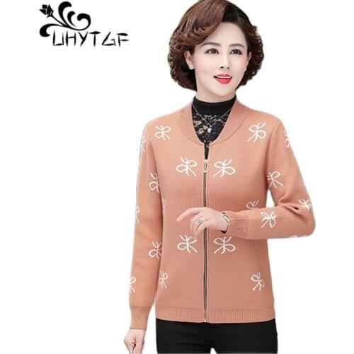 UHYTGF Cardigan For Women Knitted Spring Autumn Sweater Coat Fashion Zipper Casual Mother Loose 3XLPlus Size Sweater Jacket 1796