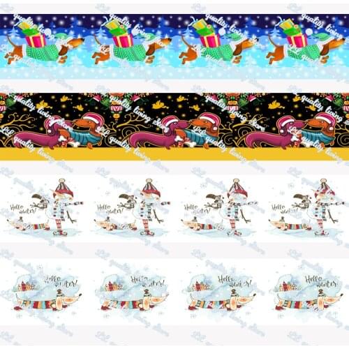 WL 1‘’Christmas Dachshund Dog Print Grosgrain Ribbon Diy Suitable for Hair Bow Party Decoration Gift Packaging Animal Collar